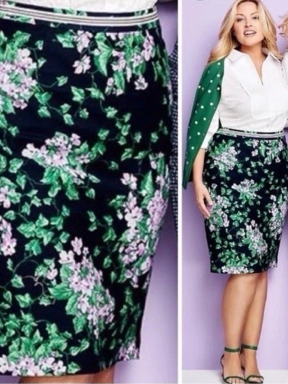 Talbots Navy Pencil Skirt with Green and Pink Floral Print